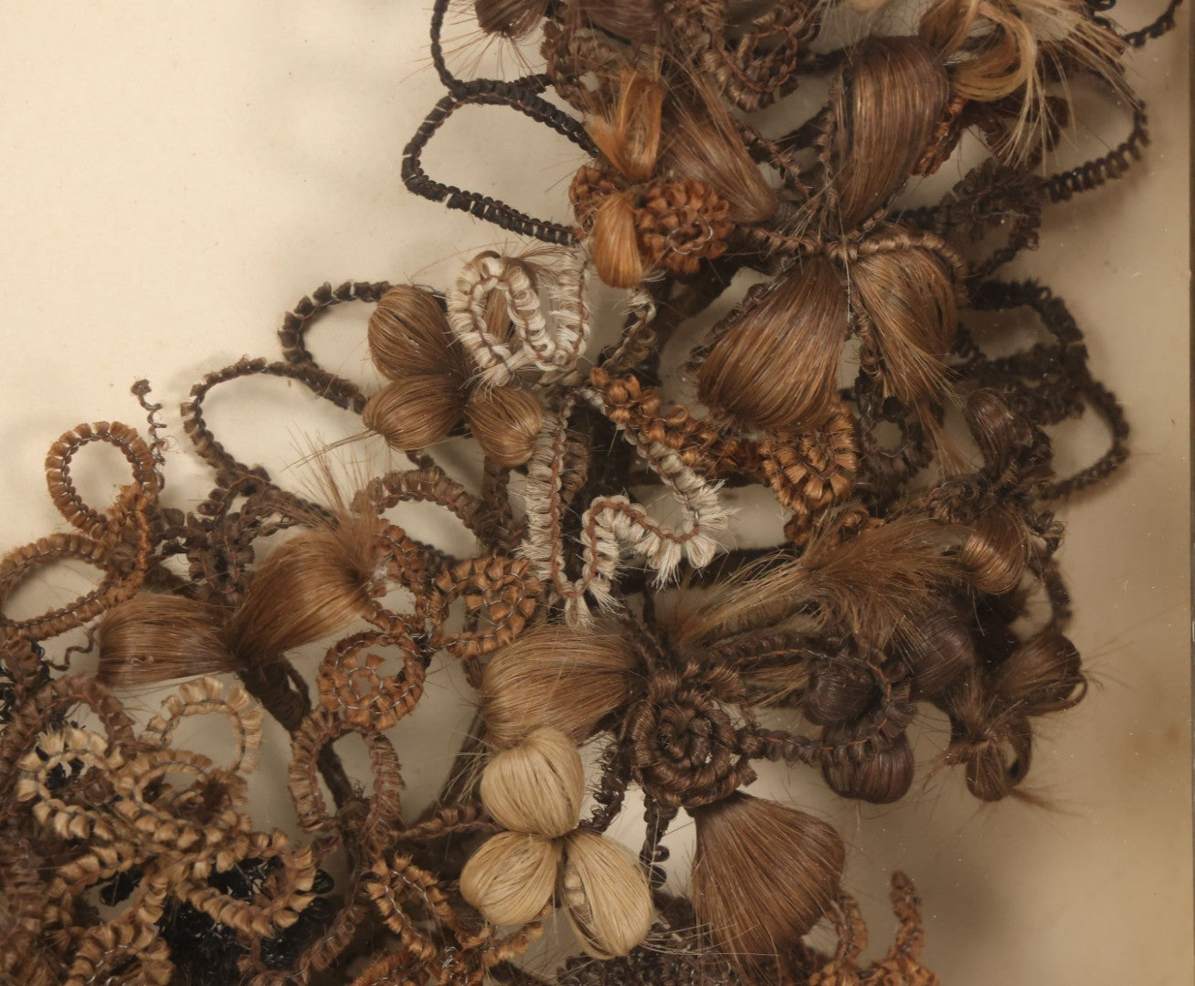 Lot 006 - Antique Victorian Human Hair Work Wreath In Rectangular Shadow Box With Gilt Inner Frame, Horseshoe Shaped Wreath, 16-1/2" x 19-1/2" x 4-3/8"