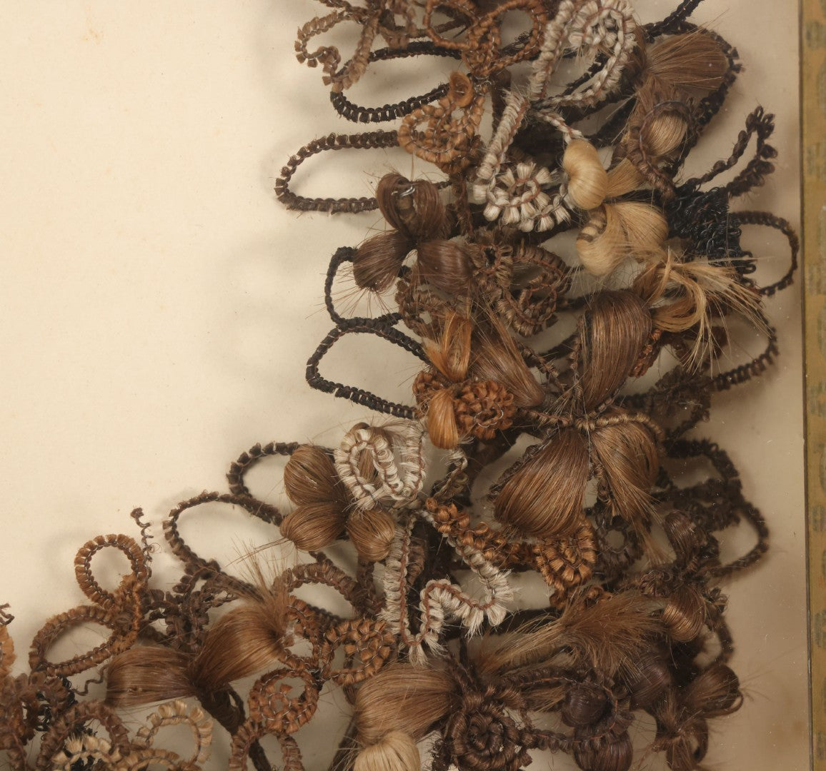 Lot 006 - Antique Victorian Human Hair Work Wreath In Rectangular Shadow Box With Gilt Inner Frame, Horseshoe Shaped Wreath, 16-1/2" x 19-1/2" x 4-3/8"