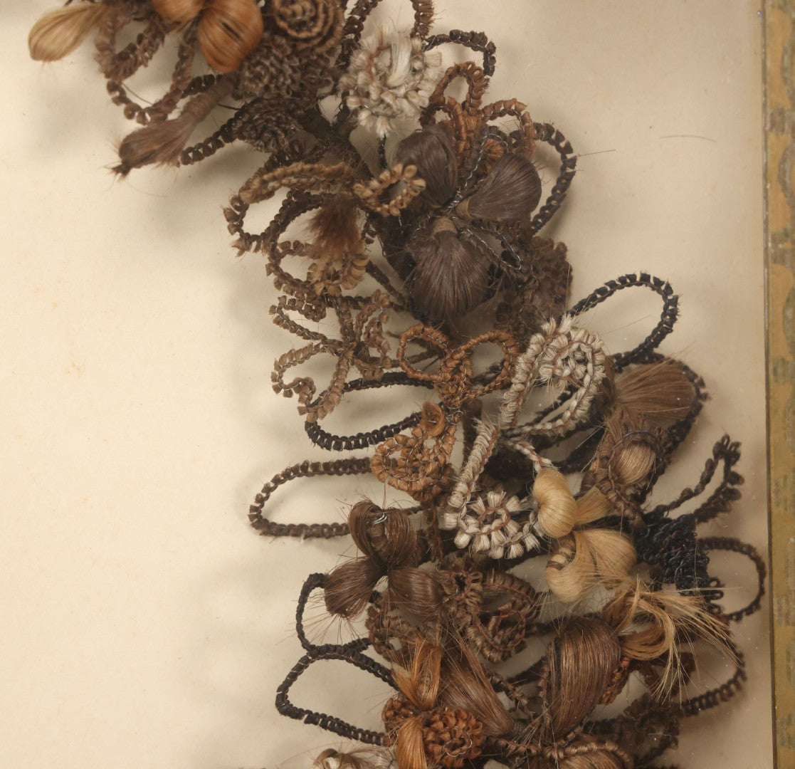 Lot 006 - Antique Victorian Human Hair Work Wreath In Rectangular Shadow Box With Gilt Inner Frame, Horseshoe Shaped Wreath, 16-1/2" x 19-1/2" x 4-3/8"