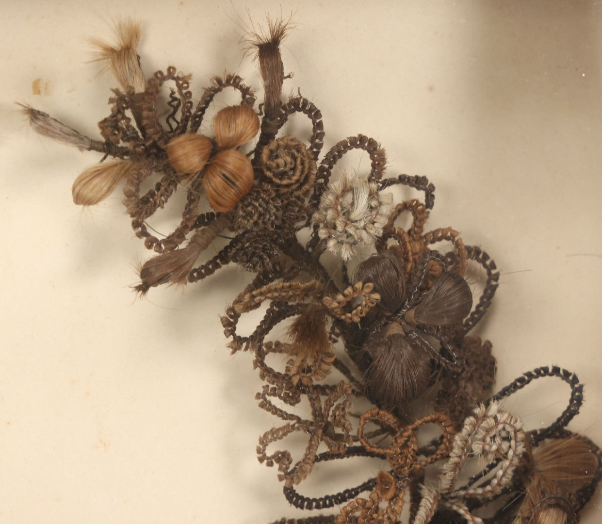 Lot 006 - Antique Victorian Human Hair Work Wreath In Rectangular Shadow Box With Gilt Inner Frame, Horseshoe Shaped Wreath, 16-1/2" x 19-1/2" x 4-3/8"