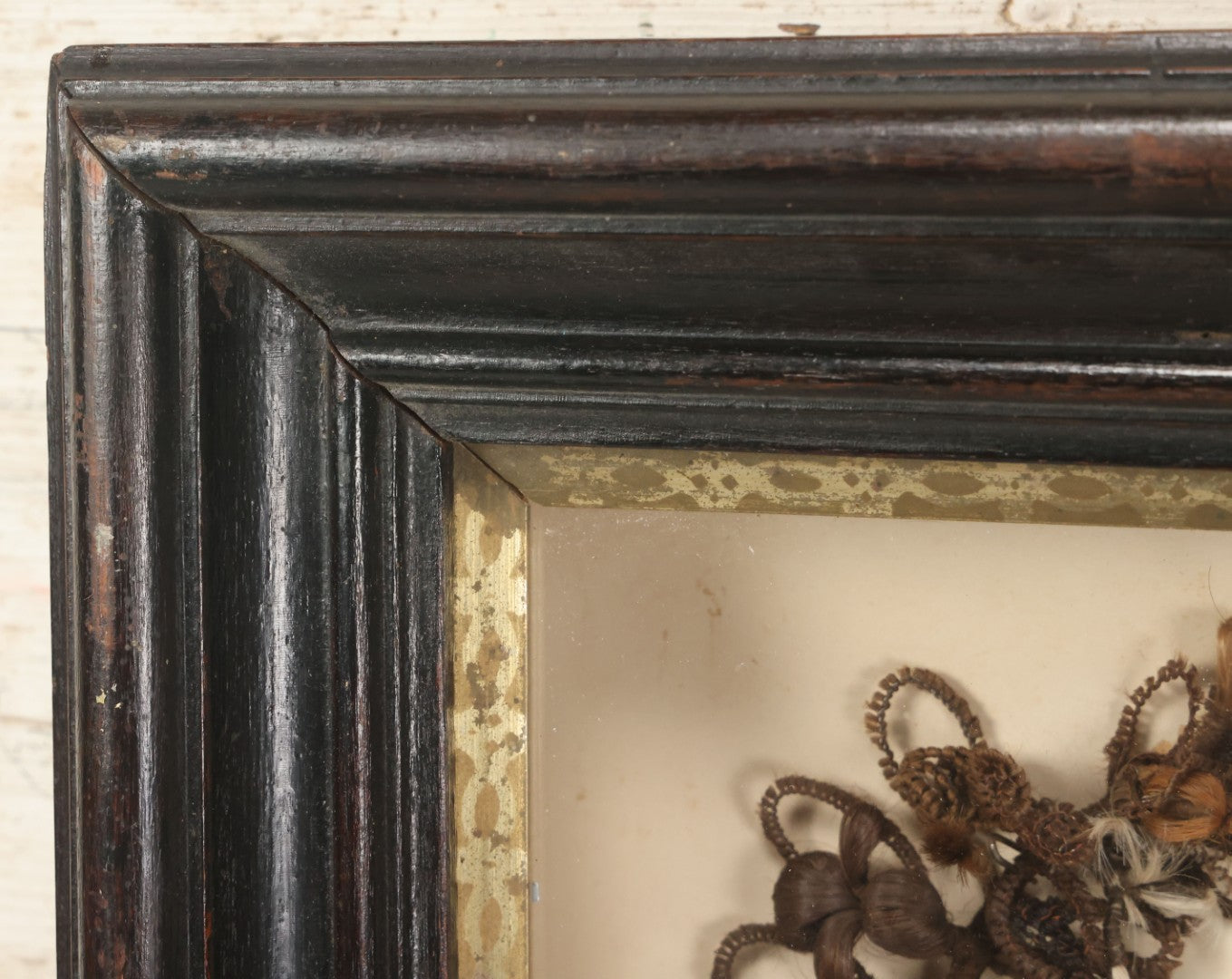 Lot 006 - Antique Victorian Human Hair Work Wreath In Rectangular Shadow Box With Gilt Inner Frame, Horseshoe Shaped Wreath, 16-1/2" x 19-1/2" x 4-3/8"