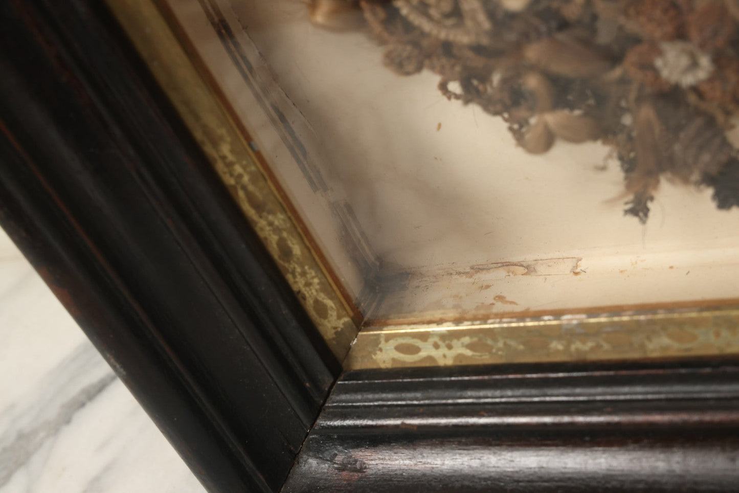 Lot 006 - Antique Victorian Human Hair Work Wreath In Rectangular Shadow Box With Gilt Inner Frame, Horseshoe Shaped Wreath, 16-1/2" x 19-1/2" x 4-3/8"