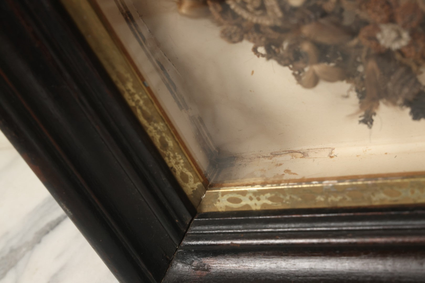 Lot 006 - Antique Victorian Human Hair Work Wreath In Rectangular Shadow Box With Gilt Inner Frame, Horseshoe Shaped Wreath, 16-1/2" x 19-1/2" x 4-3/8"