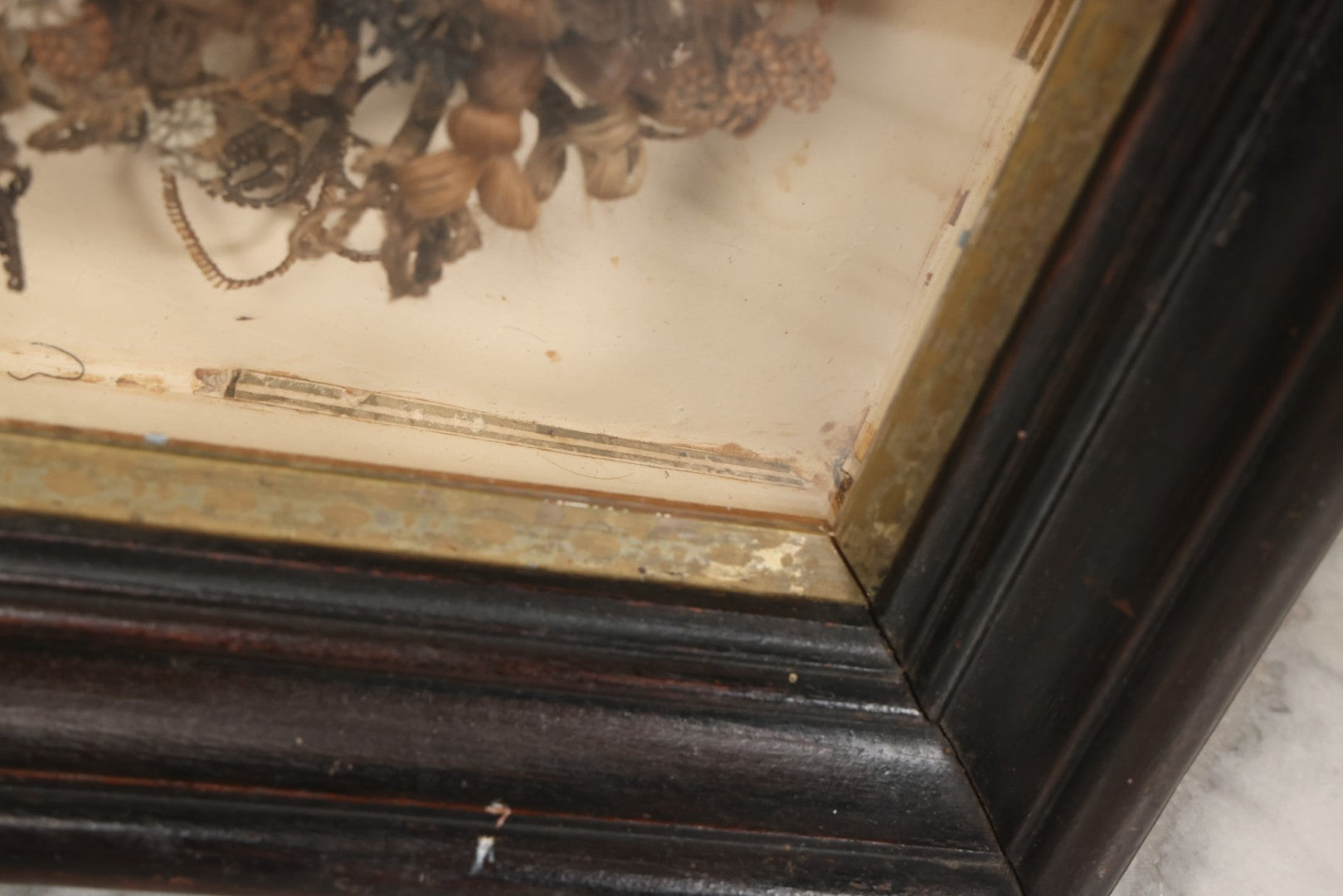 Lot 006 - Antique Victorian Human Hair Work Wreath In Rectangular Shadow Box With Gilt Inner Frame, Horseshoe Shaped Wreath, 16-1/2" x 19-1/2" x 4-3/8"