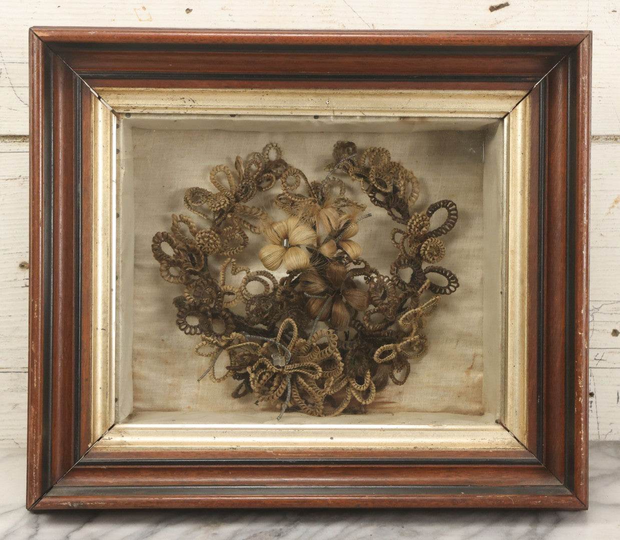 Lot 007 - Antique Victorian Human Hair Work Wreath In Rectangular Shadow Box With Center Flower Bouquet, Heart Shaped Wreath, 11-1/2" x 13-3/8" x 5"