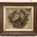 Lot 007 - Antique Victorian Human Hair Work Wreath In Rectangular Shadow Box With Center Flower Bouquet, Heart Shaped Wreath, 11-1/2" x 13-3/8" x 5"