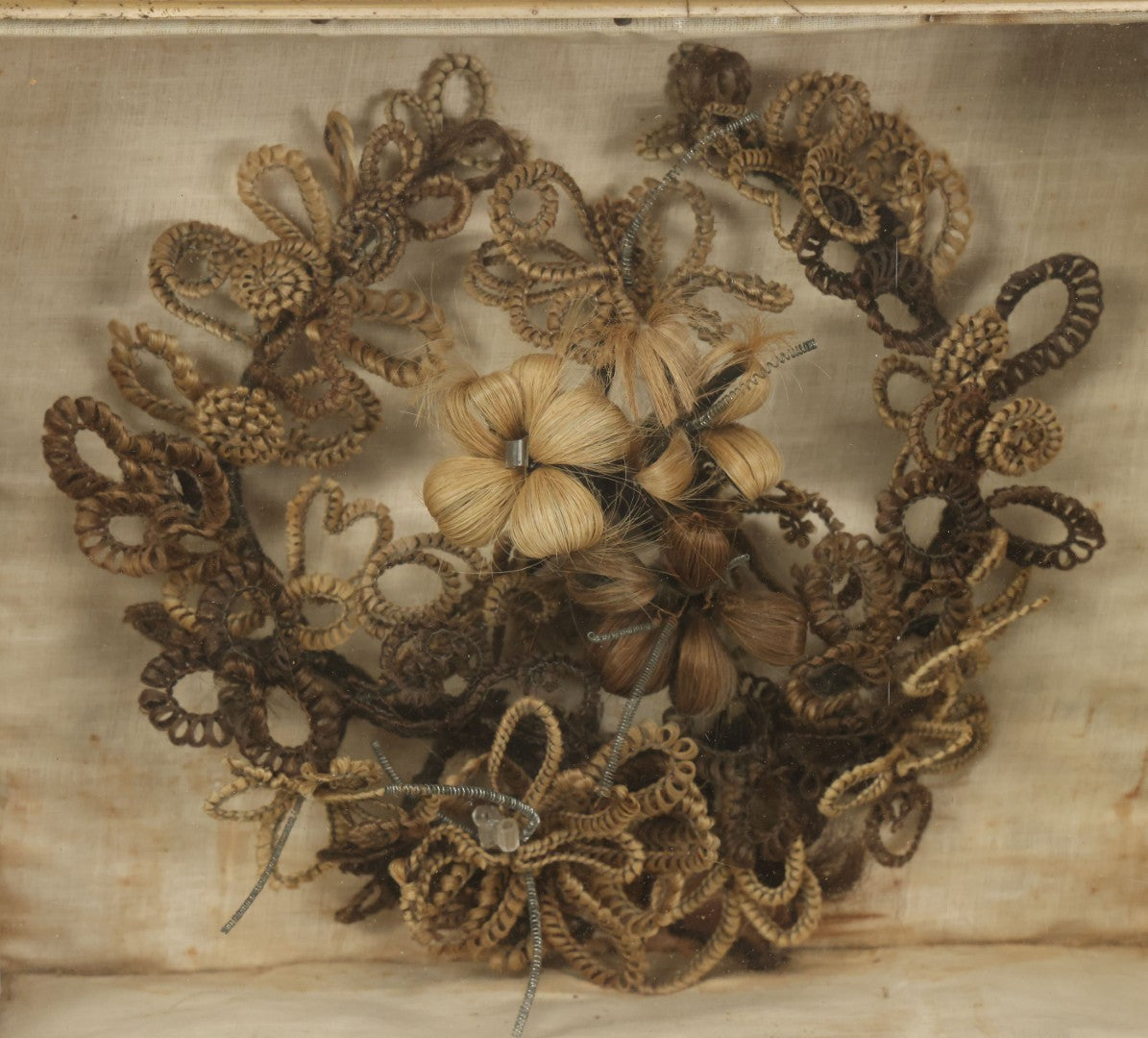 Lot 007 - Antique Victorian Human Hair Work Wreath In Rectangular Shadow Box With Center Flower Bouquet, Heart Shaped Wreath, 11-1/2" x 13-3/8" x 5"