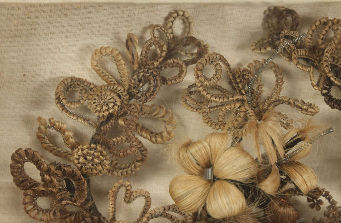 Lot 007 - Antique Victorian Human Hair Work Wreath In Rectangular Shadow Box With Center Flower Bouquet, Heart Shaped Wreath, 11-1/2" x 13-3/8" x 5"