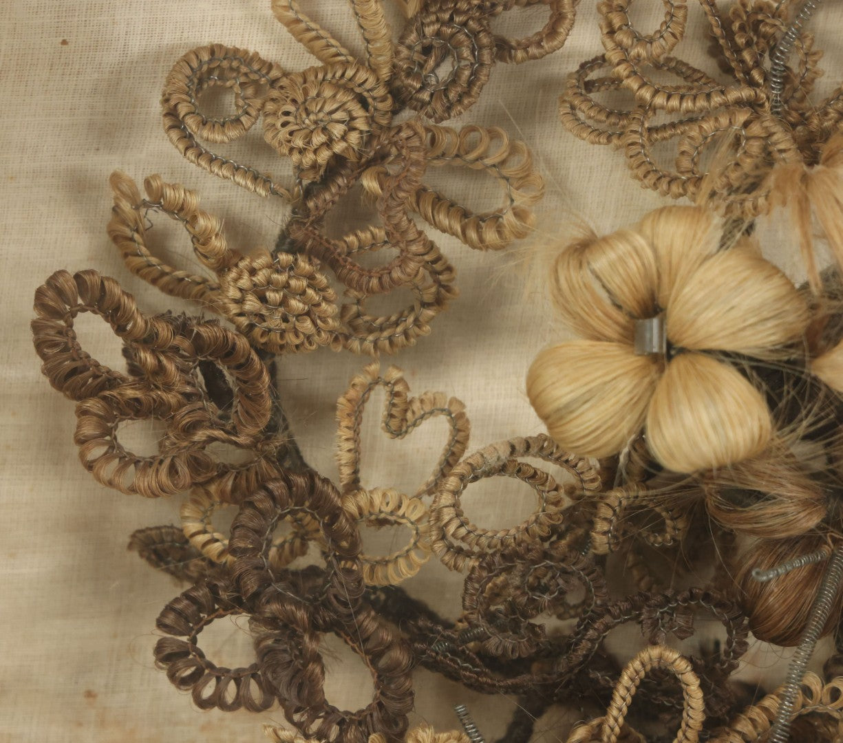 Lot 007 - Antique Victorian Human Hair Work Wreath In Rectangular Shadow Box With Center Flower Bouquet, Heart Shaped Wreath, 11-1/2" x 13-3/8" x 5"