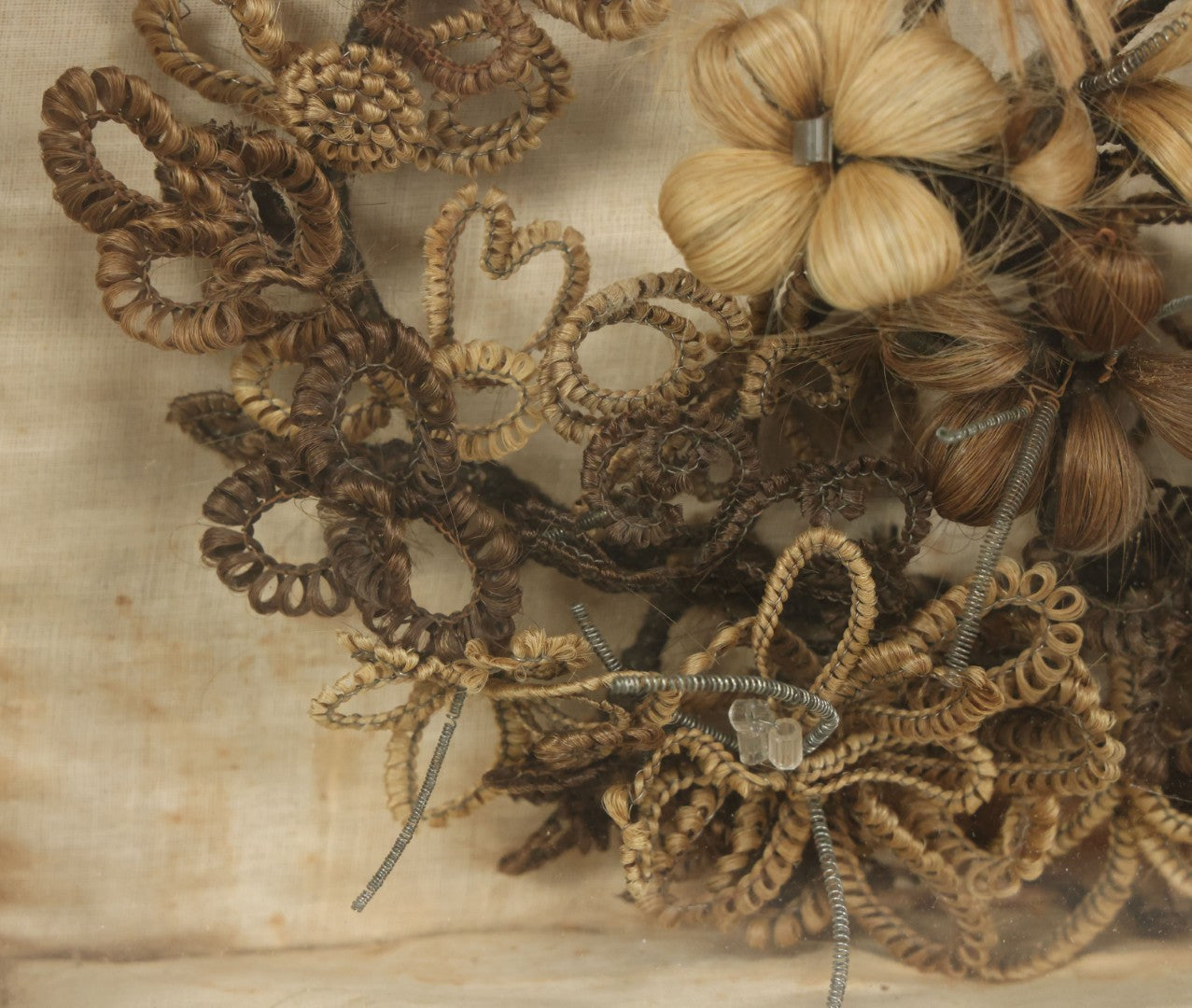 Lot 007 - Antique Victorian Human Hair Work Wreath In Rectangular Shadow Box With Center Flower Bouquet, Heart Shaped Wreath, 11-1/2" x 13-3/8" x 5"