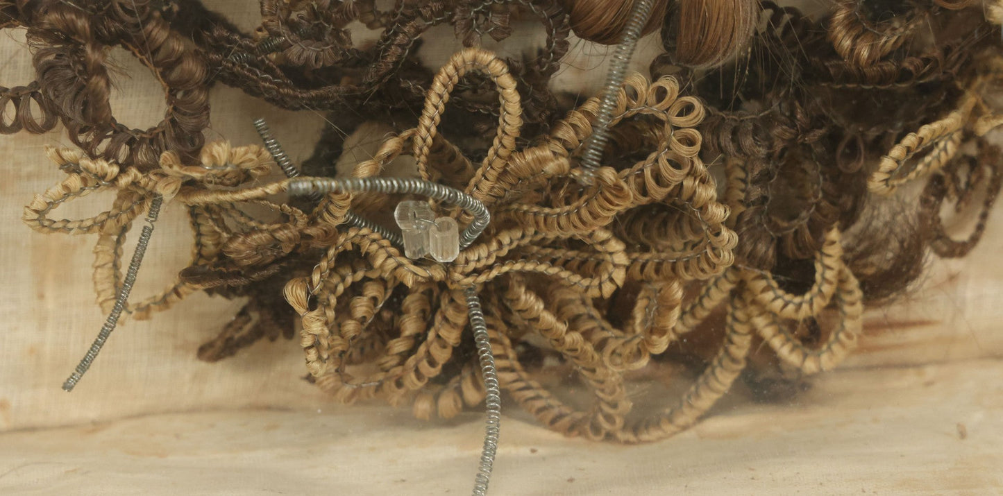 Lot 007 - Antique Victorian Human Hair Work Wreath In Rectangular Shadow Box With Center Flower Bouquet, Heart Shaped Wreath, 11-1/2" x 13-3/8" x 5"