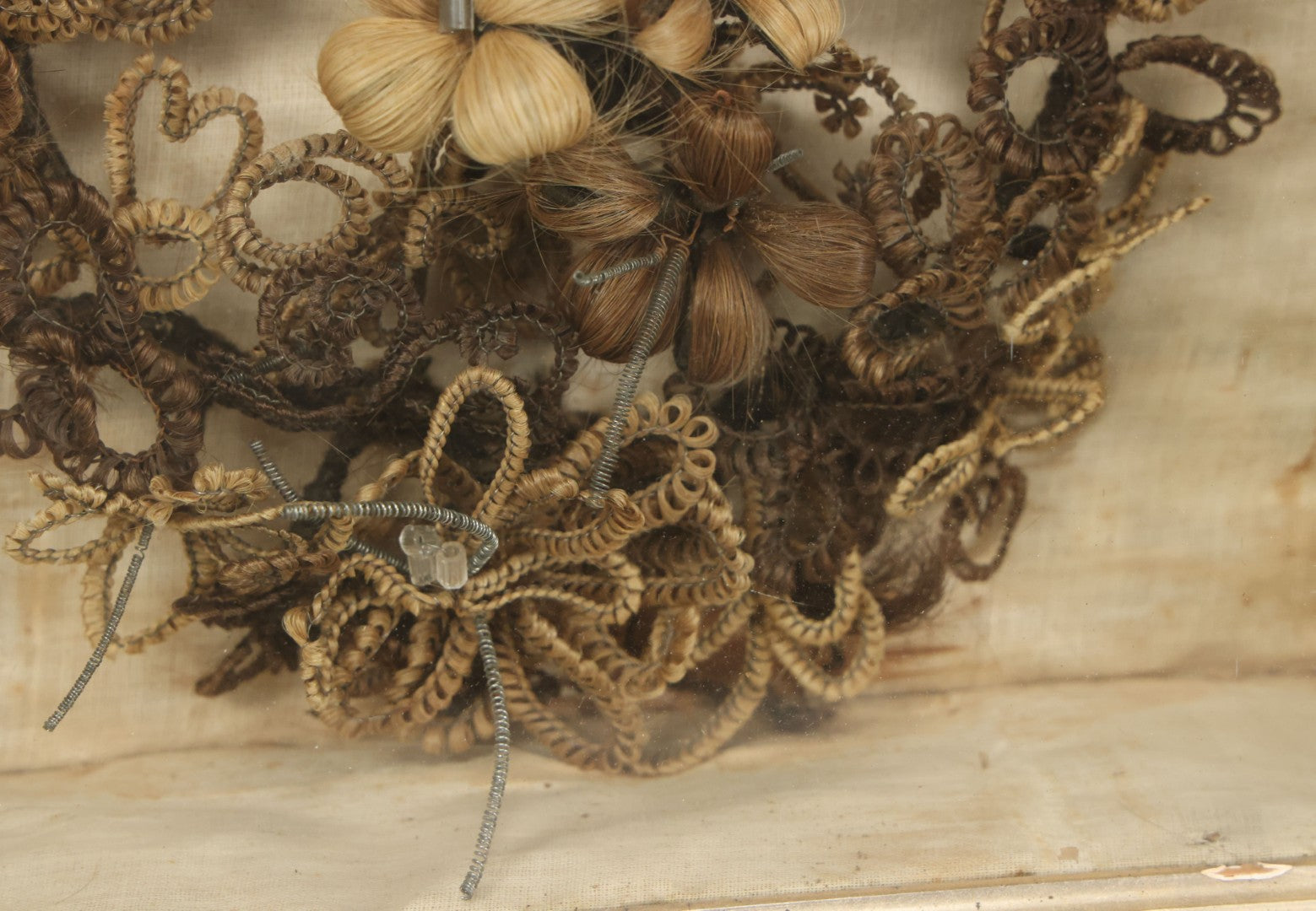 Lot 007 - Antique Victorian Human Hair Work Wreath In Rectangular Shadow Box With Center Flower Bouquet, Heart Shaped Wreath, 11-1/2" x 13-3/8" x 5"