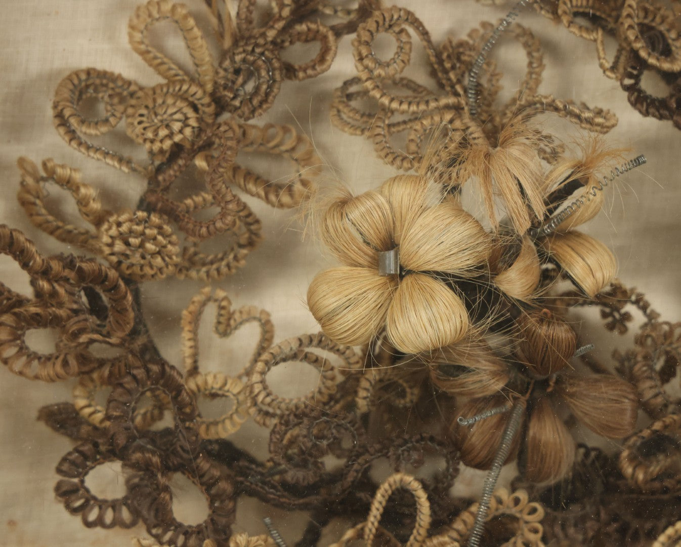 Lot 007 - Antique Victorian Human Hair Work Wreath In Rectangular Shadow Box With Center Flower Bouquet, Heart Shaped Wreath, 11-1/2" x 13-3/8" x 5"