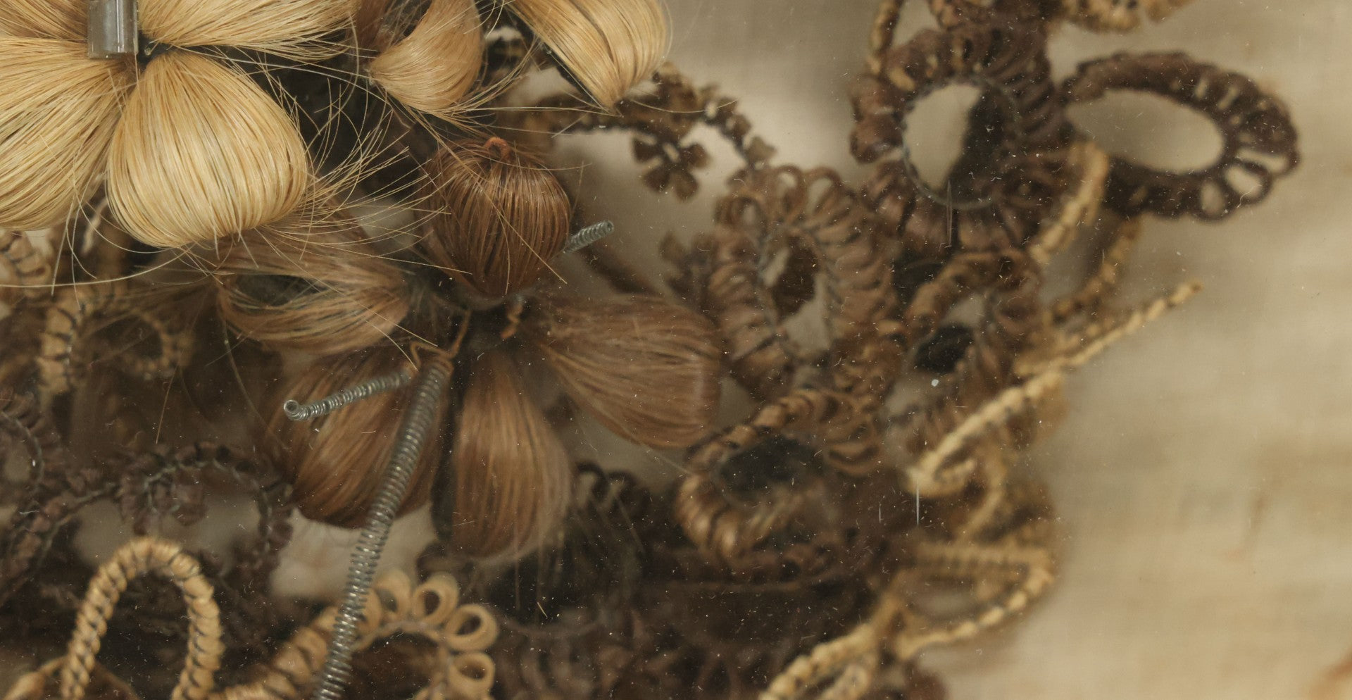 Lot 007 - Antique Victorian Human Hair Work Wreath In Rectangular Shadow Box With Center Flower Bouquet, Heart Shaped Wreath, 11-1/2" x 13-3/8" x 5"