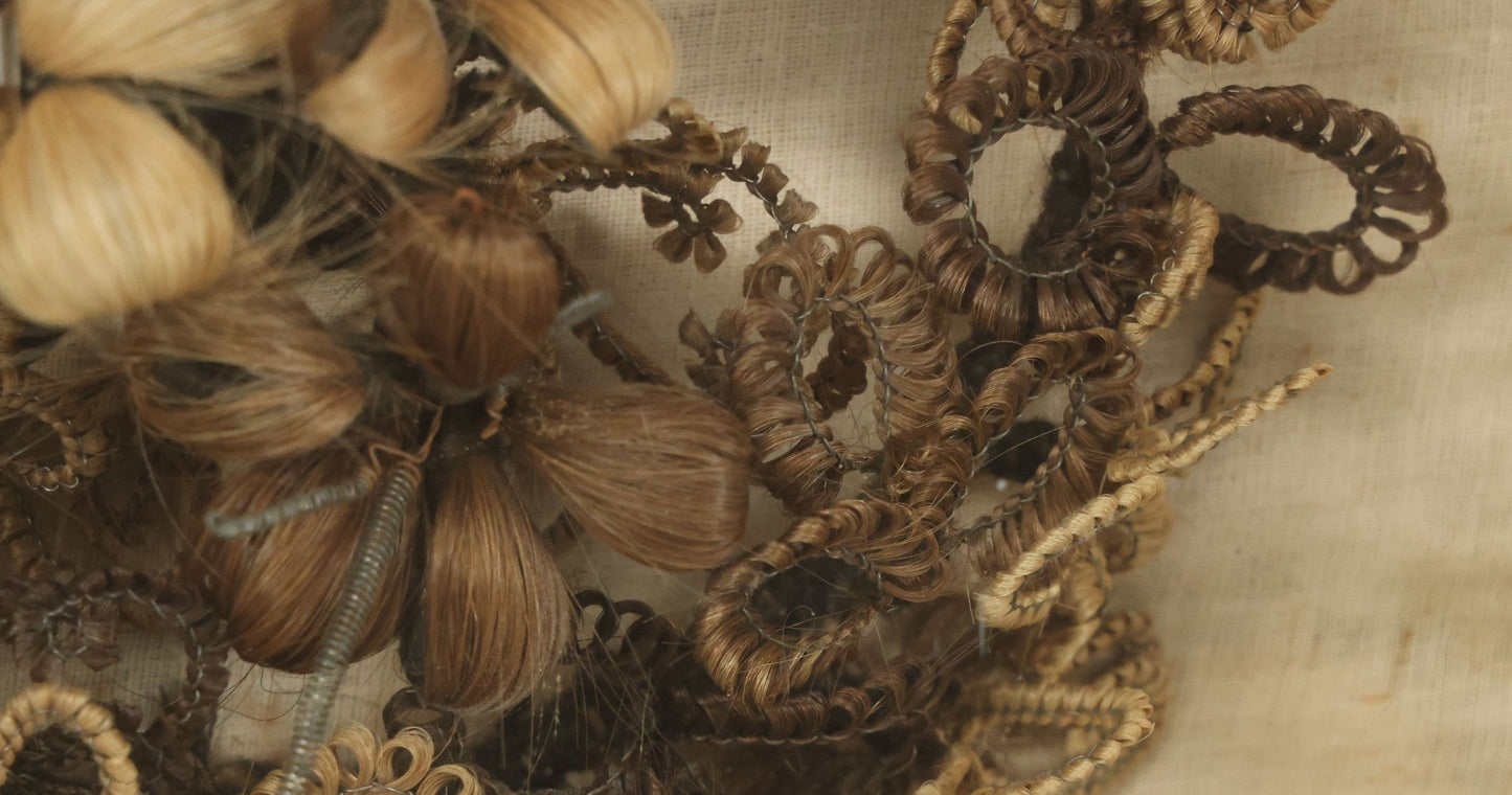 Lot 007 - Antique Victorian Human Hair Work Wreath In Rectangular Shadow Box With Center Flower Bouquet, Heart Shaped Wreath, 11-1/2" x 13-3/8" x 5"
