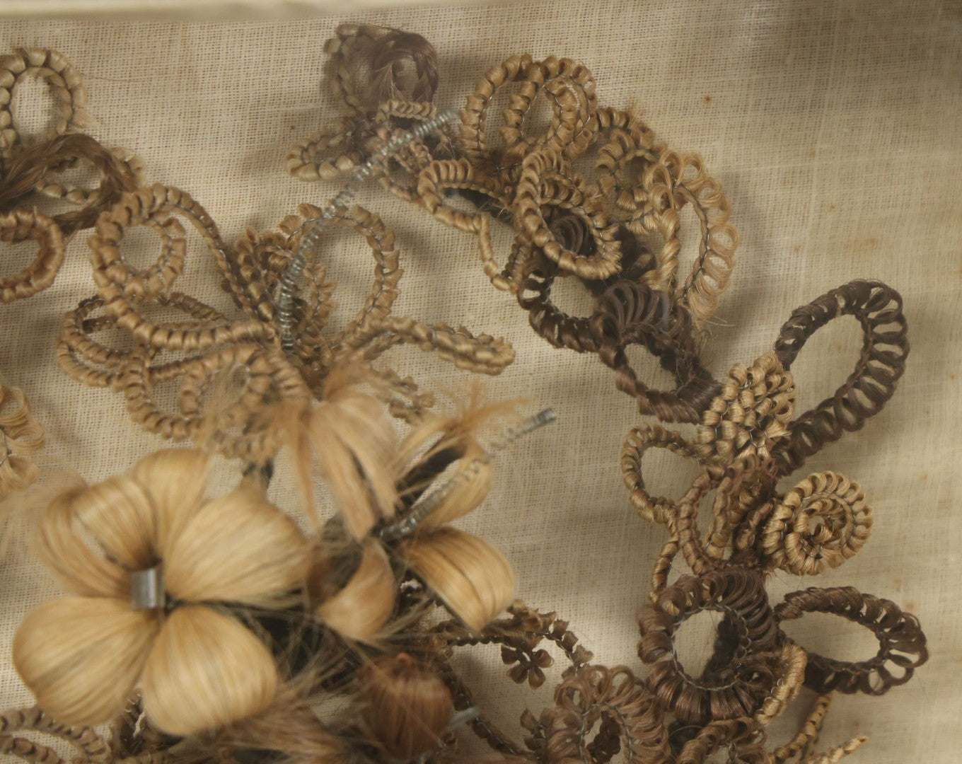 Lot 007 - Antique Victorian Human Hair Work Wreath In Rectangular Shadow Box With Center Flower Bouquet, Heart Shaped Wreath, 11-1/2" x 13-3/8" x 5"