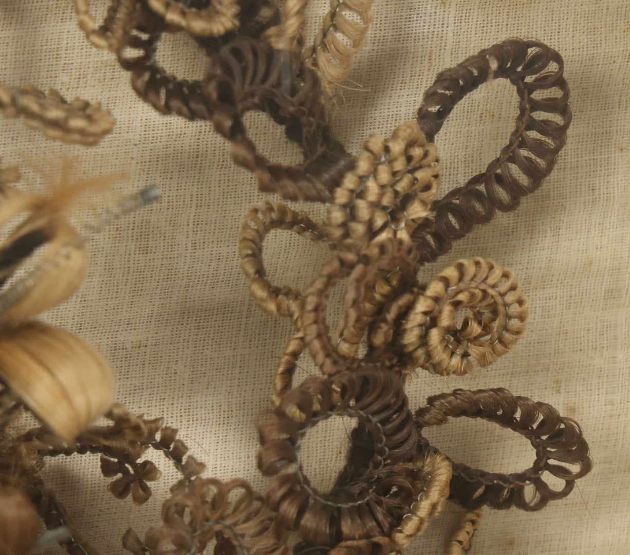 Lot 007 - Antique Victorian Human Hair Work Wreath In Rectangular Shadow Box With Center Flower Bouquet, Heart Shaped Wreath, 11-1/2" x 13-3/8" x 5"