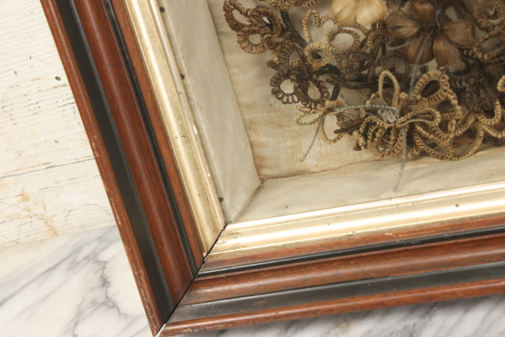 Lot 007 - Antique Victorian Human Hair Work Wreath In Rectangular Shadow Box With Center Flower Bouquet, Heart Shaped Wreath, 11-1/2" x 13-3/8" x 5"