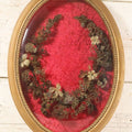 Lot 008 - Antique Victorian Human Hair Work Wreath In Oval Shadow Box With Bubble Glass, Refurbished Faux Red Velvet Back And Surround, 16" x 22"