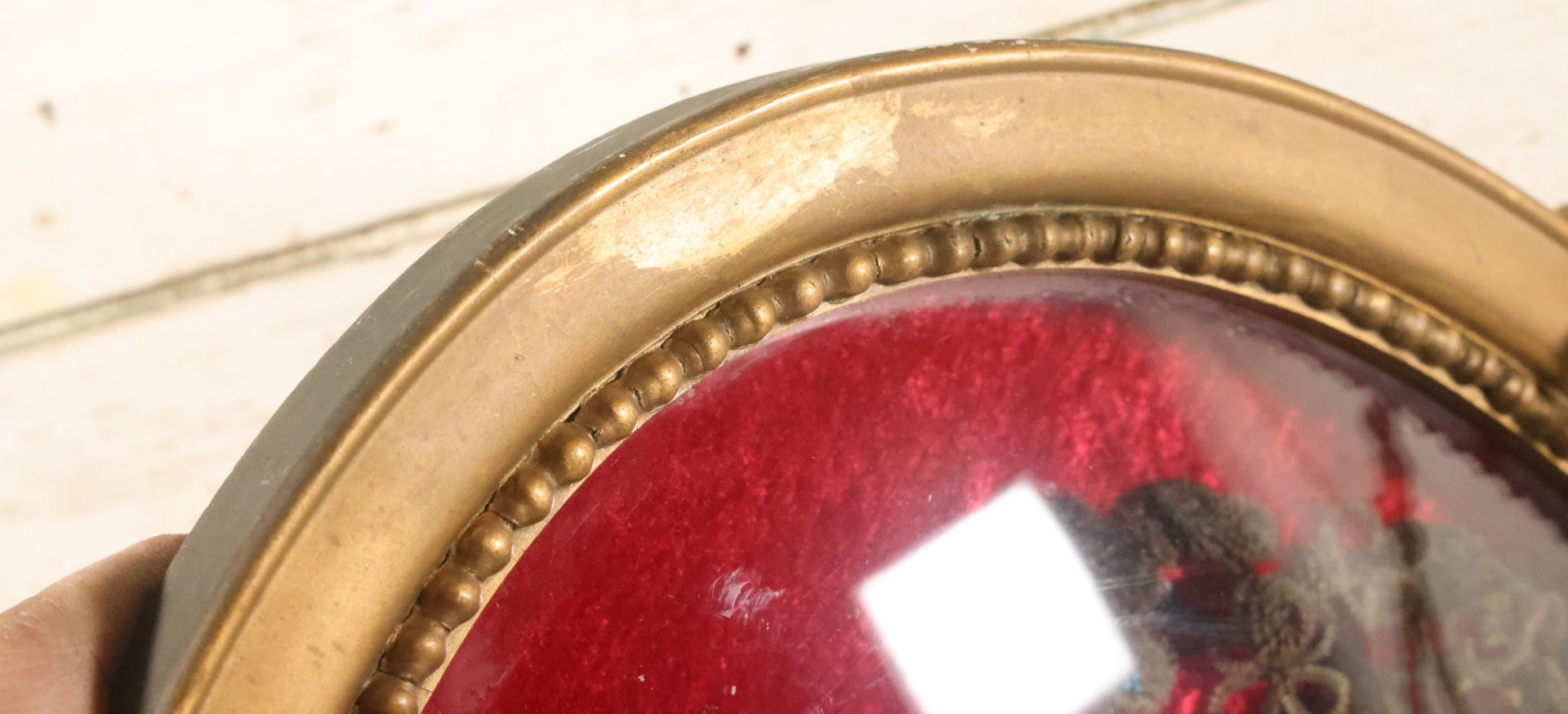 Lot 008 - Antique Victorian Human Hair Work Wreath In Oval Shadow Box With Bubble Glass, Refurbished Faux Red Velvet Back And Surround, 16" x 22"