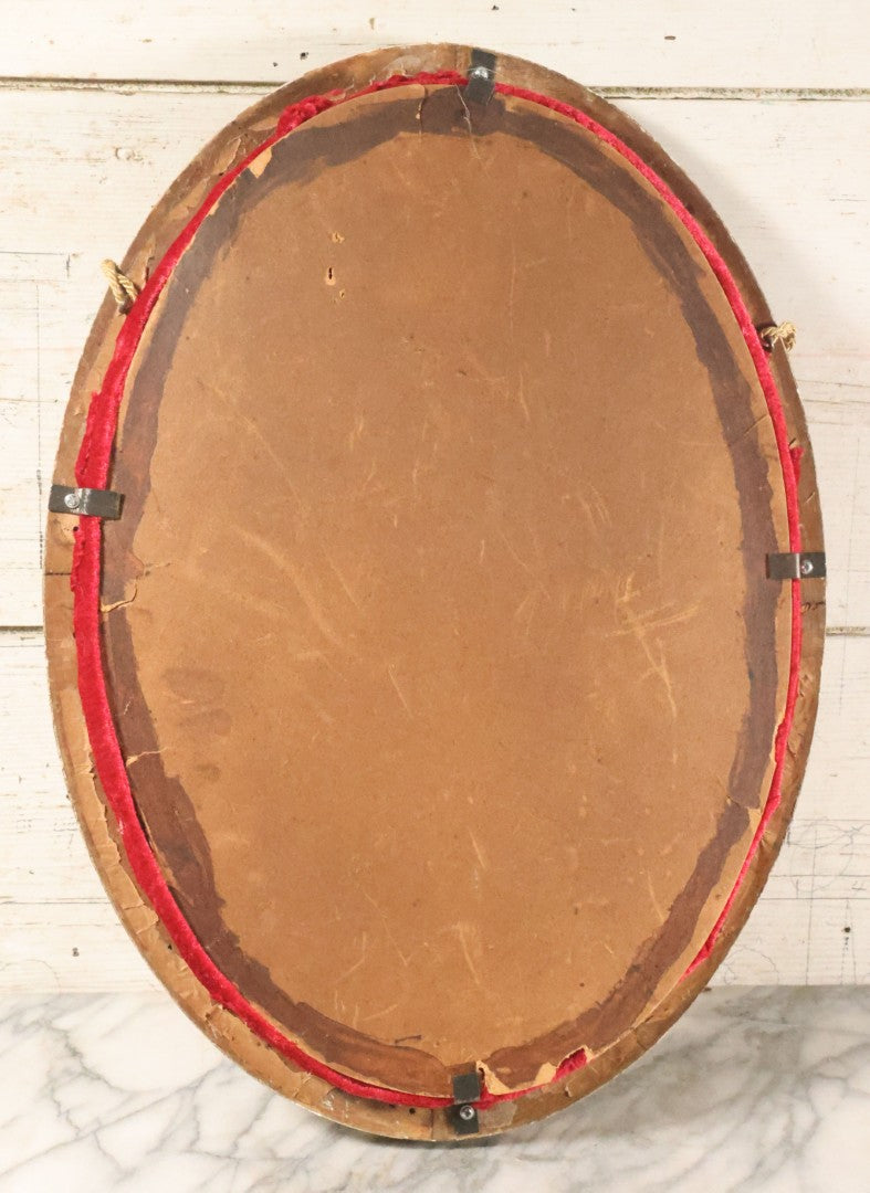 Lot 008 - Antique Victorian Human Hair Work Wreath In Oval Shadow Box With Bubble Glass, Refurbished Faux Red Velvet Back And Surround, 16" x 22"