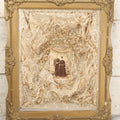 Lot 009 - Antique Victorian Wedding Commemoration Shadow Box With Lace Wedding Veil, Faux Floral Adornments, Cabinet Card Photograph Of Couple At Center, In Gesso Frame, 20-1/2" x 24-1/2" x 3-3/4"