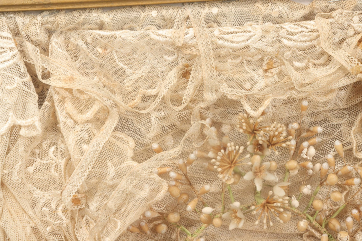 Lot 009 - Antique Victorian Wedding Commemoration Shadow Box With Lace Wedding Veil, Faux Floral Adornments, Cabinet Card Photograph Of Couple At Center, In Gesso Frame, 20-1/2" x 24-1/2" x 3-3/4"