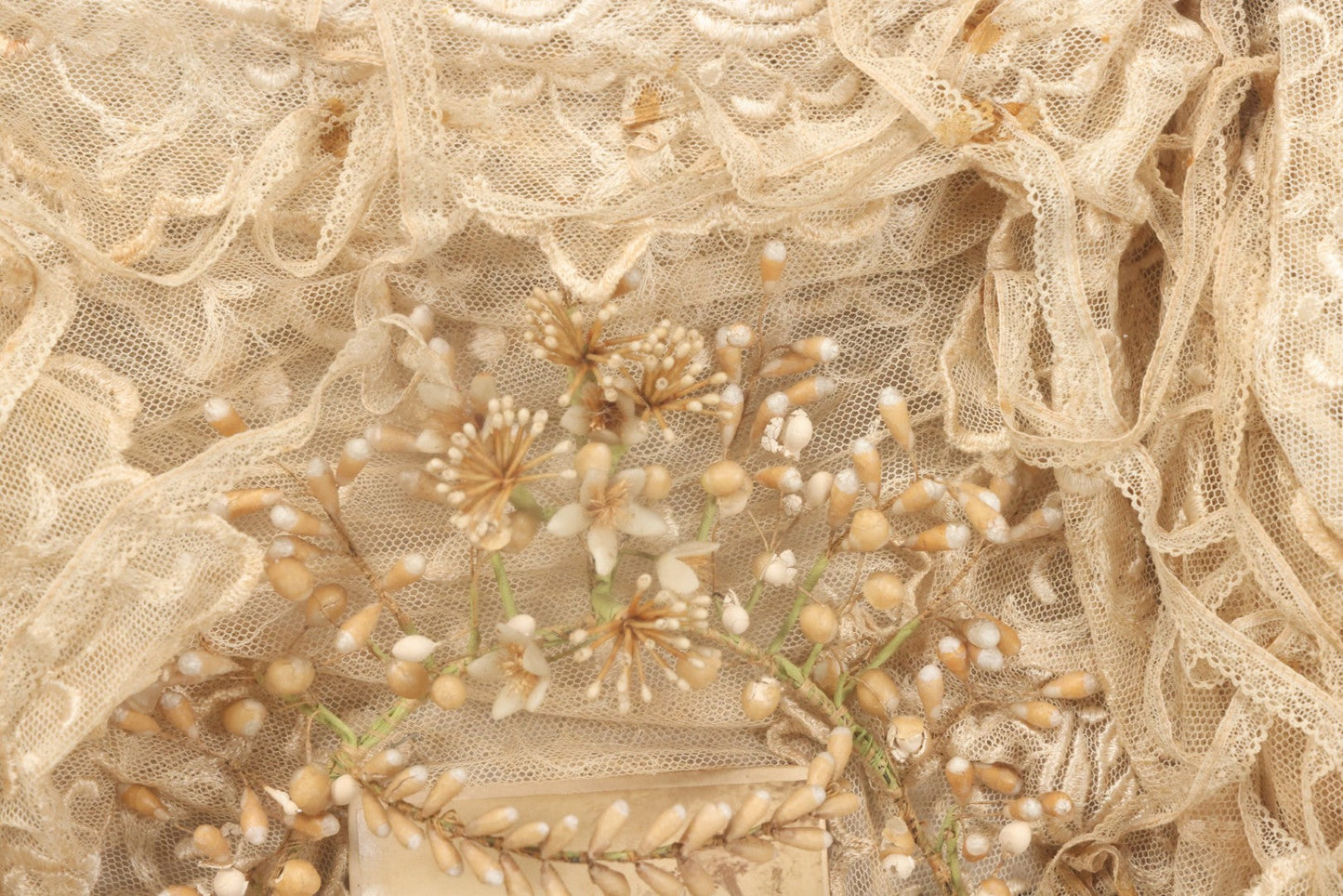 Lot 009 - Antique Victorian Wedding Commemoration Shadow Box With Lace Wedding Veil, Faux Floral Adornments, Cabinet Card Photograph Of Couple At Center, In Gesso Frame, 20-1/2" x 24-1/2" x 3-3/4"