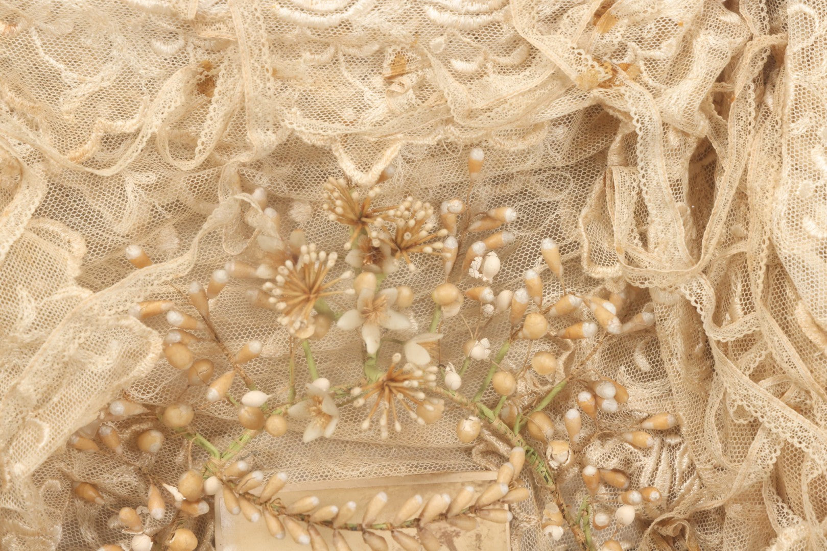 Lot 009 - Antique Victorian Wedding Commemoration Shadow Box With Lace Wedding Veil, Faux Floral Adornments, Cabinet Card Photograph Of Couple At Center, In Gesso Frame, 20-1/2" x 24-1/2" x 3-3/4"