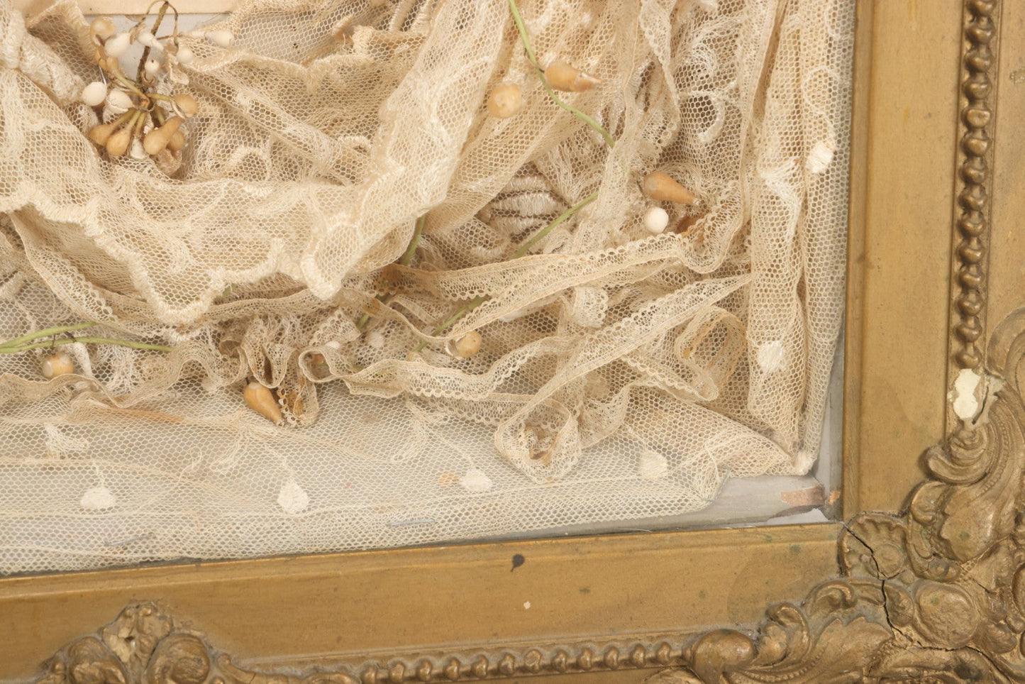 Lot 009 - Antique Victorian Wedding Commemoration Shadow Box With Lace Wedding Veil, Faux Floral Adornments, Cabinet Card Photograph Of Couple At Center, In Gesso Frame, 20-1/2" x 24-1/2" x 3-3/4"