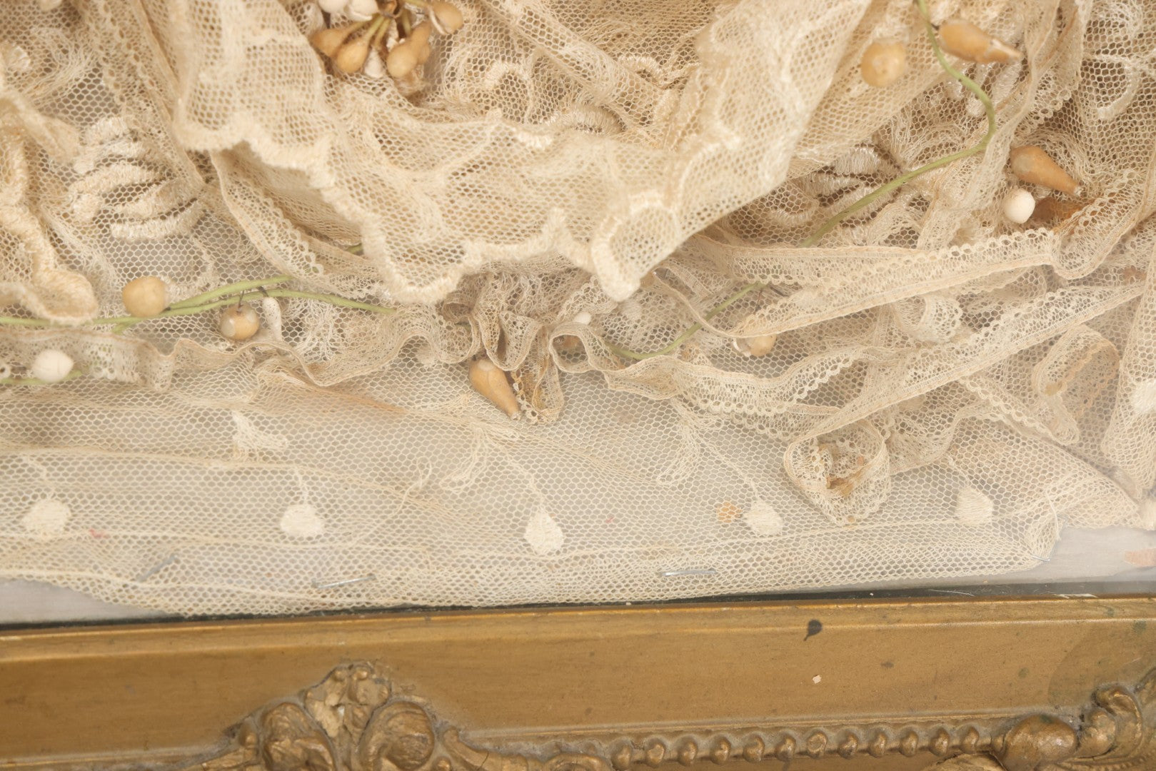 Lot 009 - Antique Victorian Wedding Commemoration Shadow Box With Lace Wedding Veil, Faux Floral Adornments, Cabinet Card Photograph Of Couple At Center, In Gesso Frame, 20-1/2" x 24-1/2" x 3-3/4"