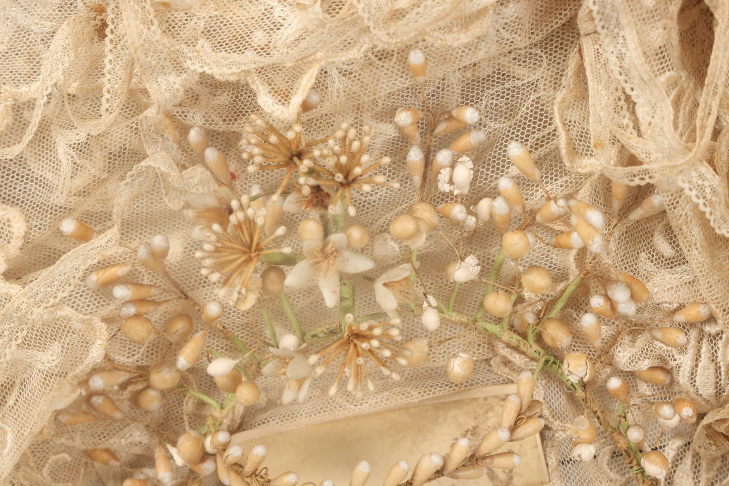 Lot 009 - Antique Victorian Wedding Commemoration Shadow Box With Lace Wedding Veil, Faux Floral Adornments, Cabinet Card Photograph Of Couple At Center, In Gesso Frame, 20-1/2" x 24-1/2" x 3-3/4"