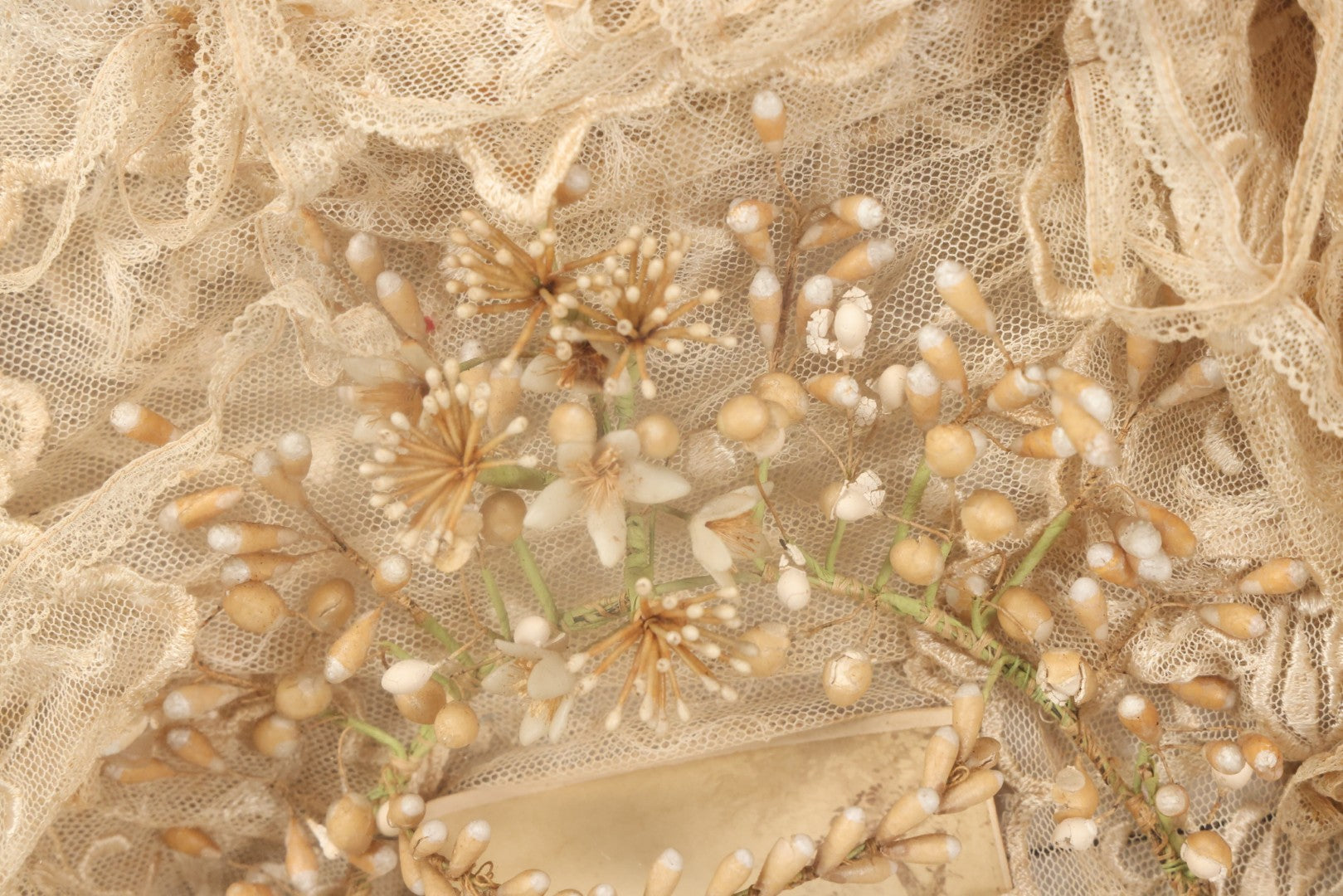 Lot 009 - Antique Victorian Wedding Commemoration Shadow Box With Lace Wedding Veil, Faux Floral Adornments, Cabinet Card Photograph Of Couple At Center, In Gesso Frame, 20-1/2" x 24-1/2" x 3-3/4"