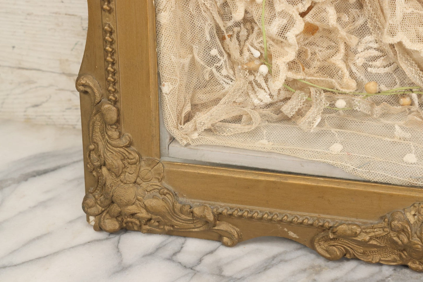 Lot 009 - Antique Victorian Wedding Commemoration Shadow Box With Lace Wedding Veil, Faux Floral Adornments, Cabinet Card Photograph Of Couple At Center, In Gesso Frame, 20-1/2" x 24-1/2" x 3-3/4"