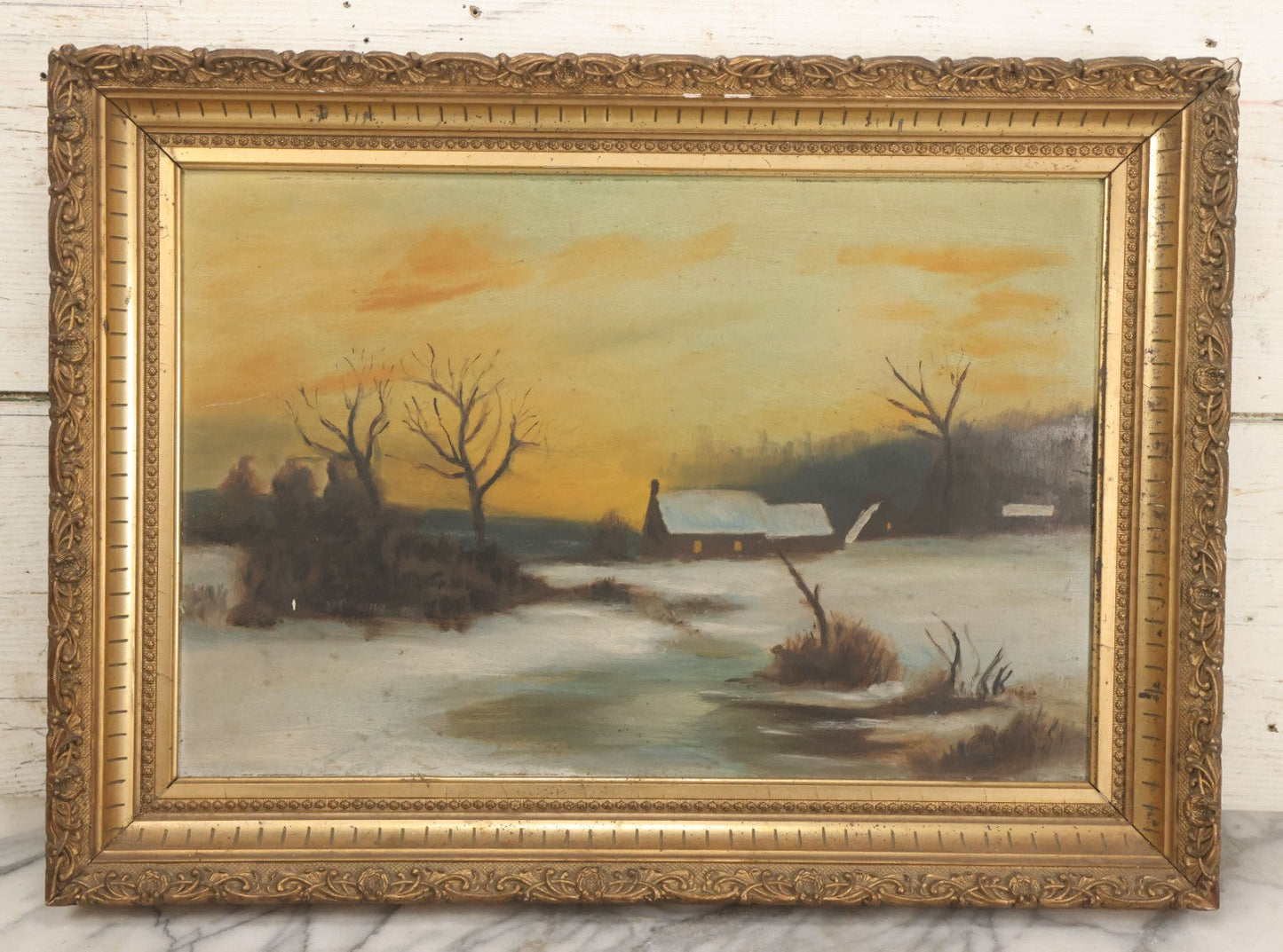 Lot 012 - Antique Oil On Board Painting Of A Winter Country Scene, House At Sunset, Yellow Sky, Barren Trees, 21-/34" x 15-3/4"