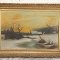 Lot 012 - Antique Oil On Board Painting Of A Winter Country Scene, House At Sunset, Yellow Sky, Barren Trees, 21-/34" x 15-3/4"