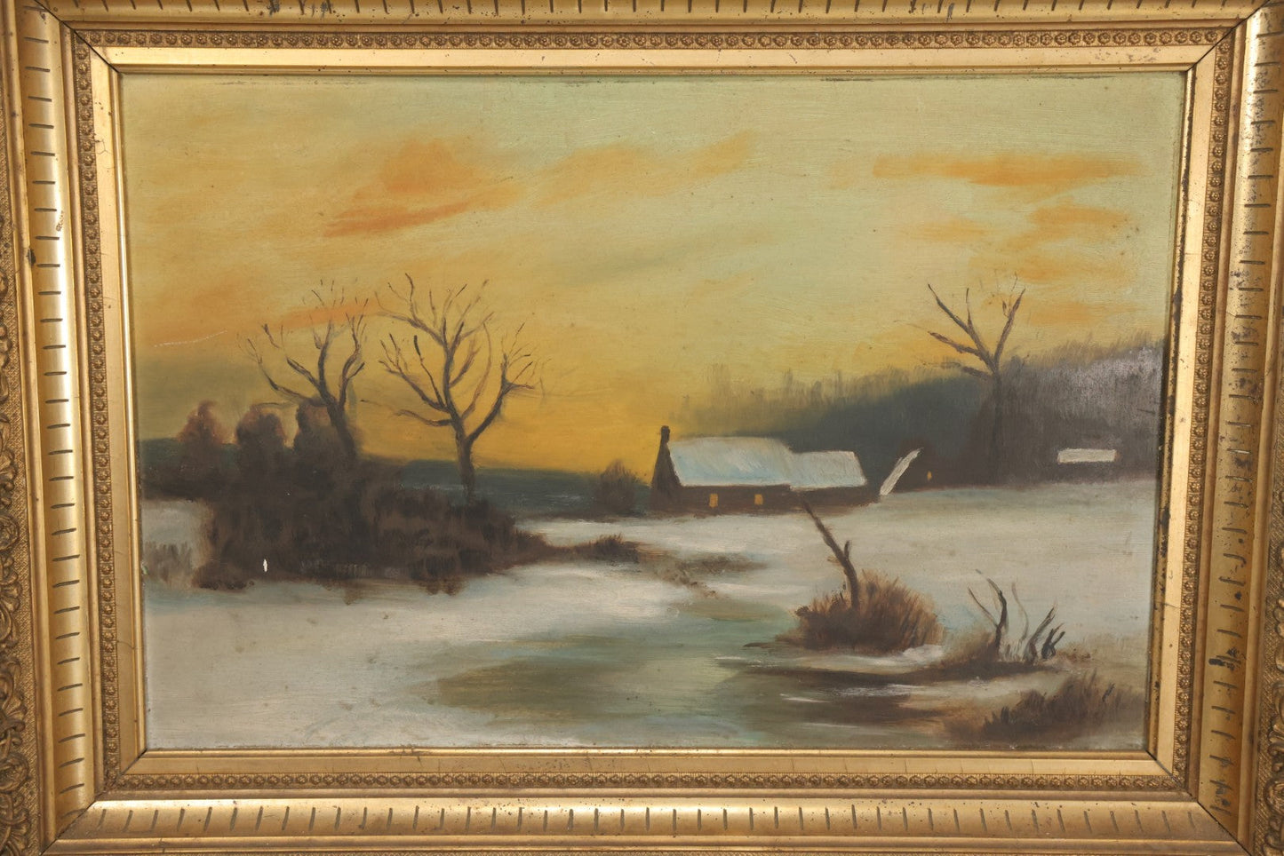 Lot 012 - Antique Oil On Board Painting Of A Winter Country Scene, House At Sunset, Yellow Sky, Barren Trees, 21-/34" x 15-3/4"