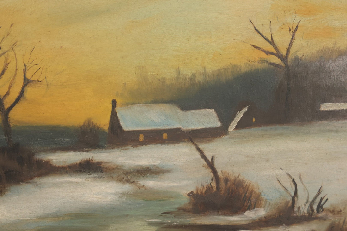 Lot 012 - Antique Oil On Board Painting Of A Winter Country Scene, House At Sunset, Yellow Sky, Barren Trees, 21-/34" x 15-3/4"