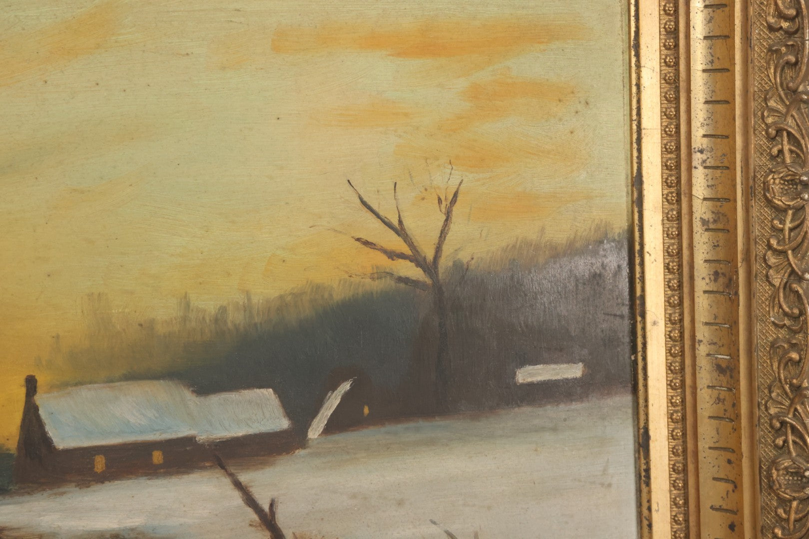 Lot 012 - Antique Oil On Board Painting Of A Winter Country Scene, House At Sunset, Yellow Sky, Barren Trees, 21-/34" x 15-3/4"