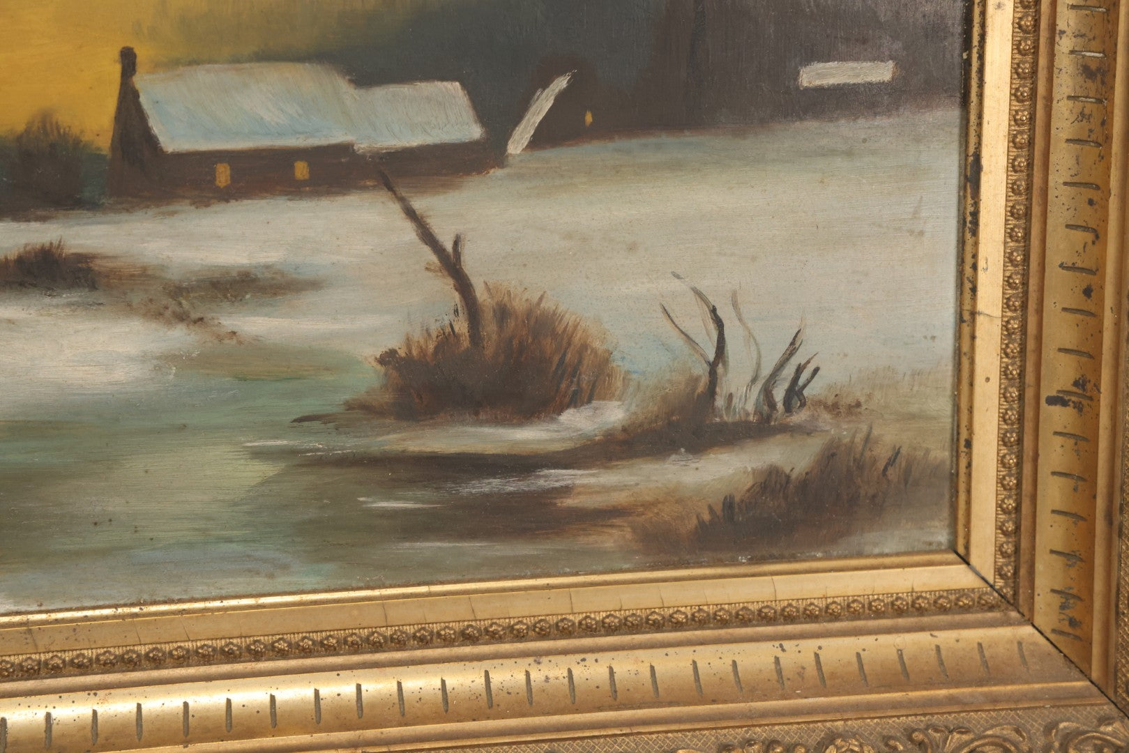 Lot 012 - Antique Oil On Board Painting Of A Winter Country Scene, House At Sunset, Yellow Sky, Barren Trees, 21-/34" x 15-3/4"