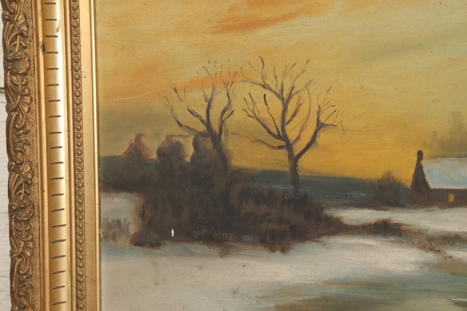 Lot 012 - Antique Oil On Board Painting Of A Winter Country Scene, House At Sunset, Yellow Sky, Barren Trees, 21-/34" x 15-3/4"