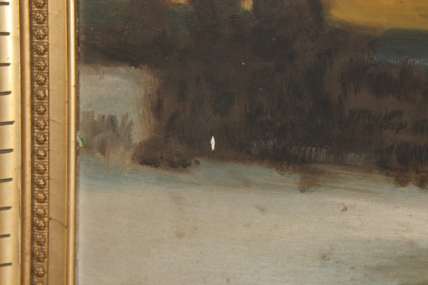Lot 012 - Antique Oil On Board Painting Of A Winter Country Scene, House At Sunset, Yellow Sky, Barren Trees, 21-/34" x 15-3/4"