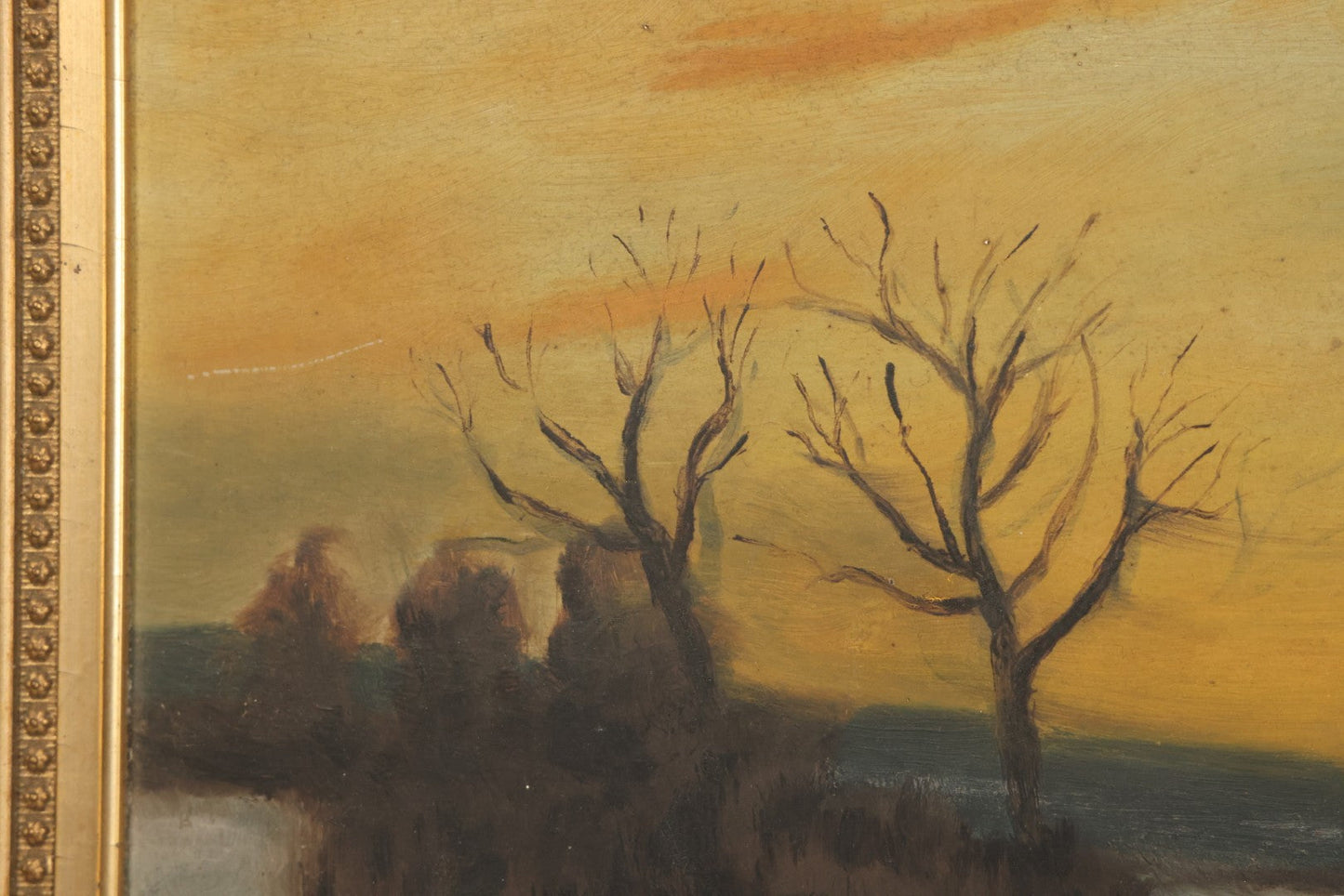 Lot 012 - Antique Oil On Board Painting Of A Winter Country Scene, House At Sunset, Yellow Sky, Barren Trees, 21-/34" x 15-3/4"