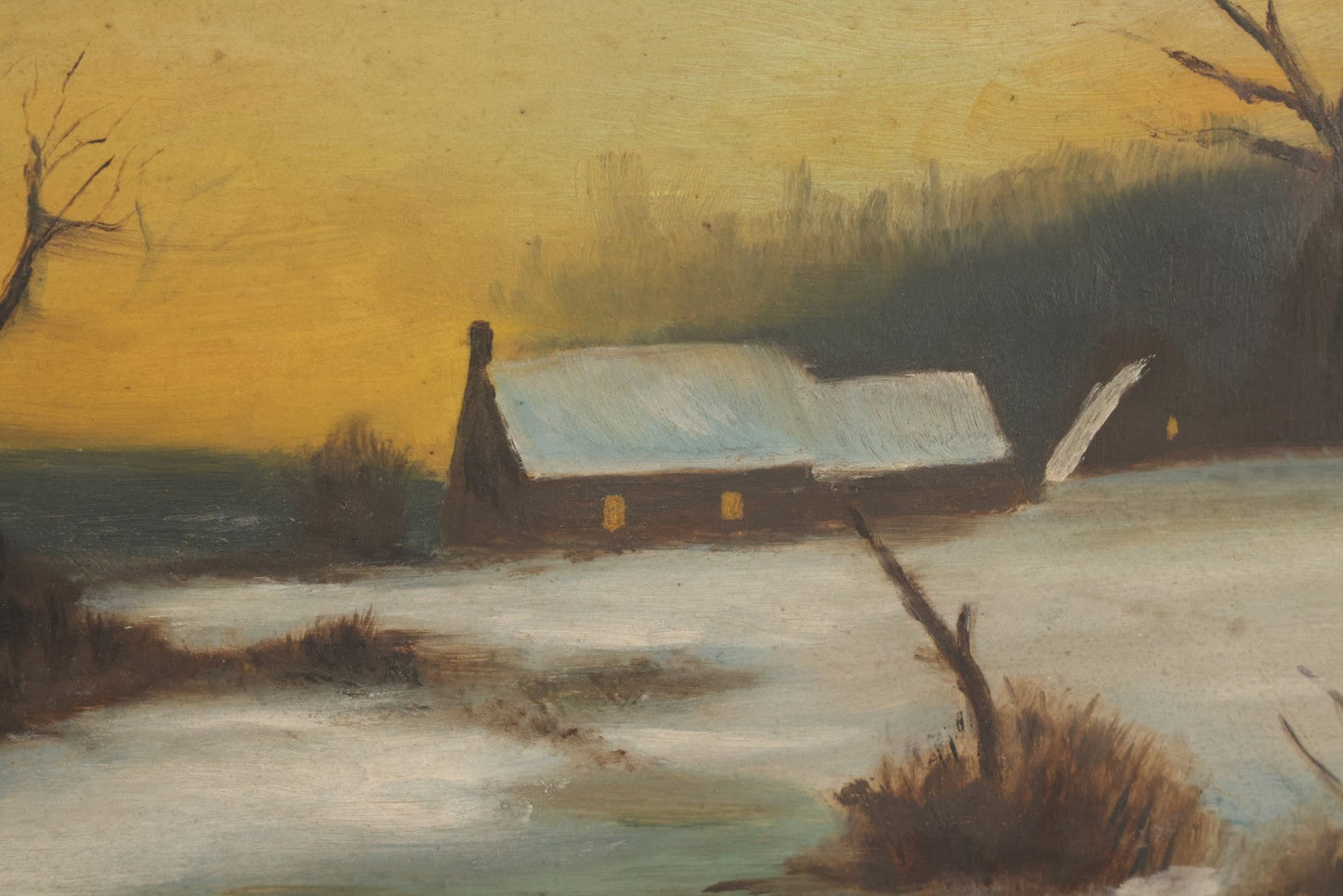 Lot 012 - Antique Oil On Board Painting Of A Winter Country Scene, House At Sunset, Yellow Sky, Barren Trees, 21-/34" x 15-3/4"