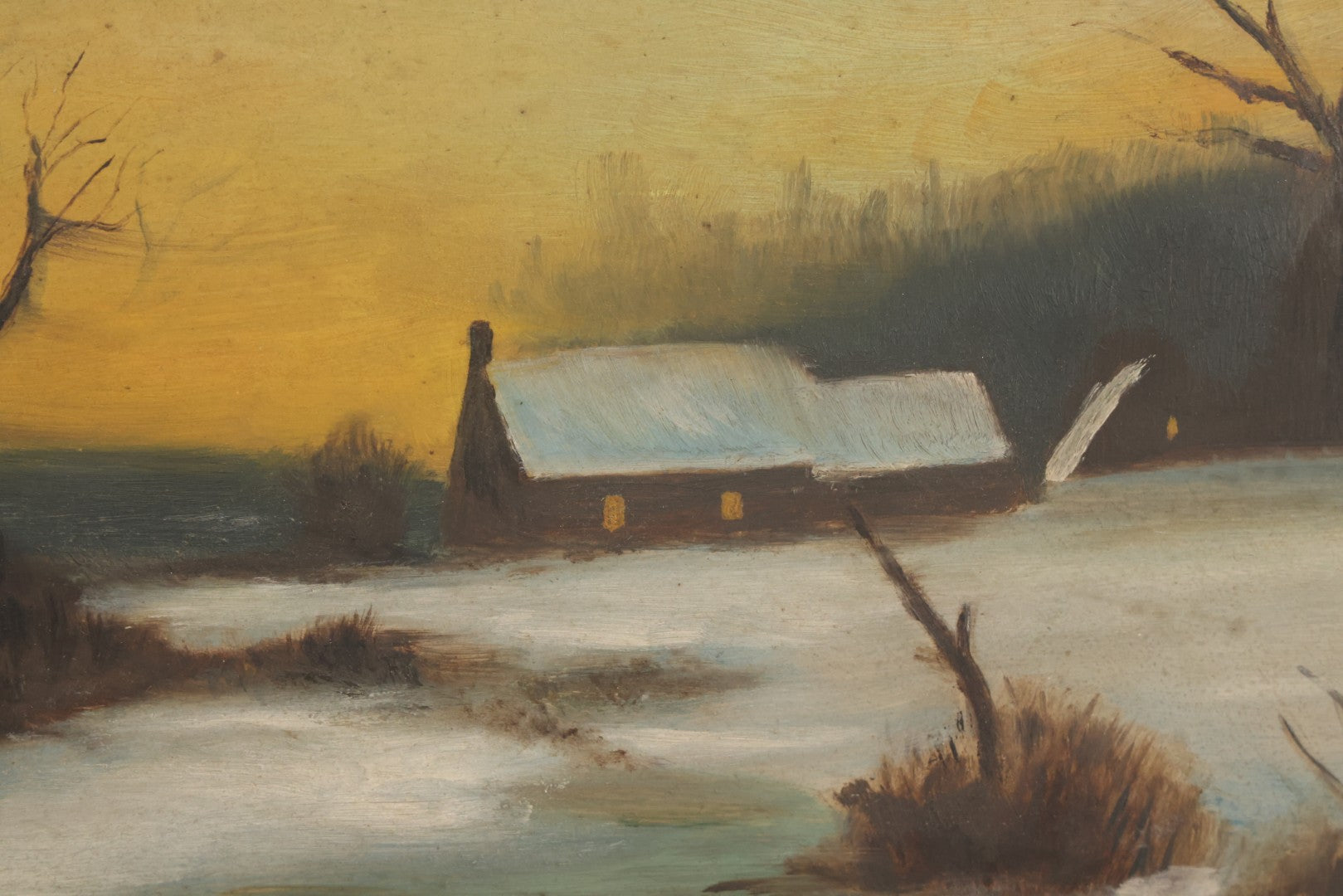 Lot 012 - Antique Oil On Board Painting Of A Winter Country Scene, House At Sunset, Yellow Sky, Barren Trees, 21-/34" x 15-3/4"