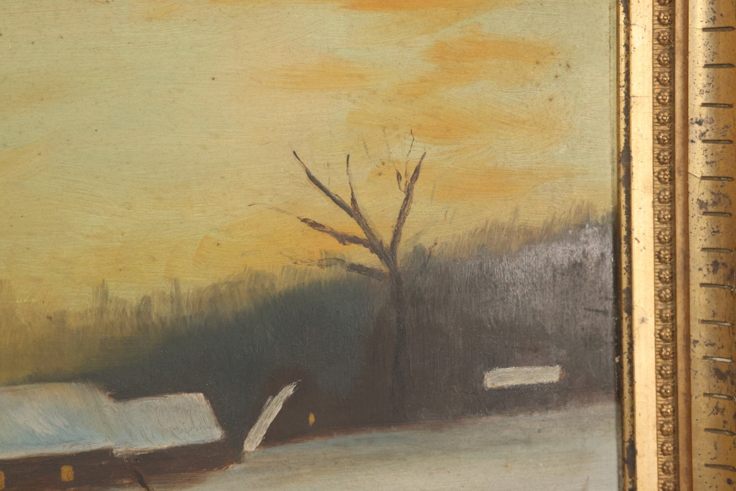 Lot 012 - Antique Oil On Board Painting Of A Winter Country Scene, House At Sunset, Yellow Sky, Barren Trees, 21-/34" x 15-3/4"