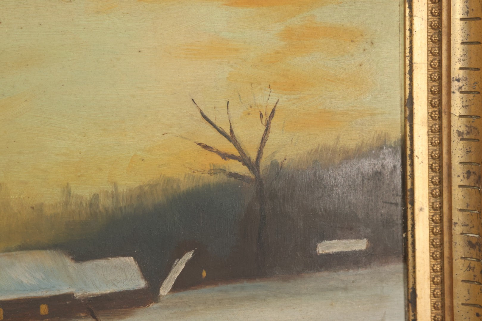 Lot 012 - Antique Oil On Board Painting Of A Winter Country Scene, House At Sunset, Yellow Sky, Barren Trees, 21-/34" x 15-3/4"