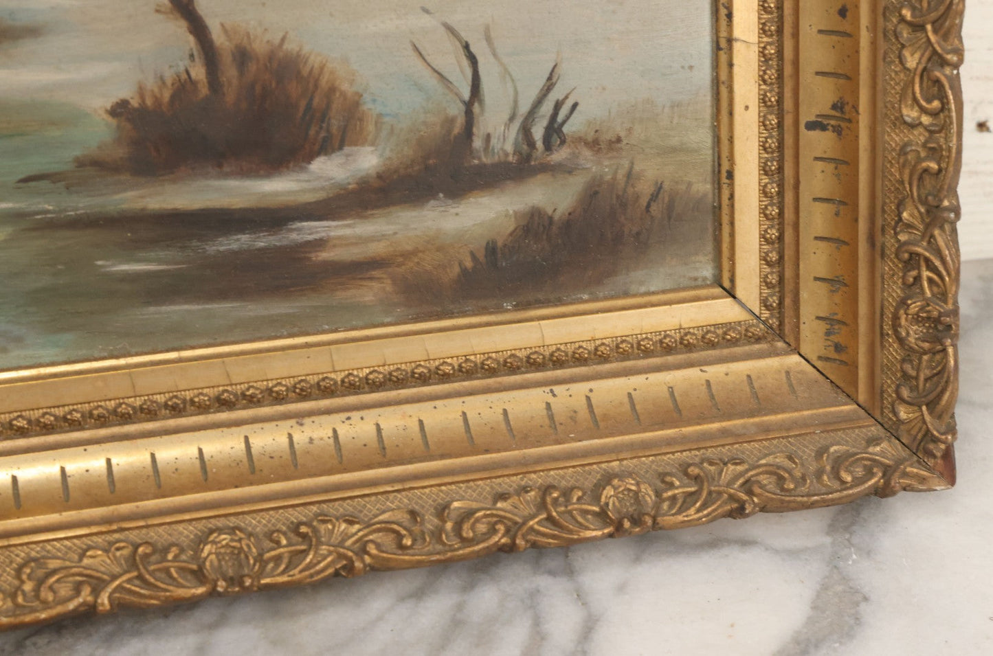 Lot 012 - Antique Oil On Board Painting Of A Winter Country Scene, House At Sunset, Yellow Sky, Barren Trees, 21-/34" x 15-3/4"