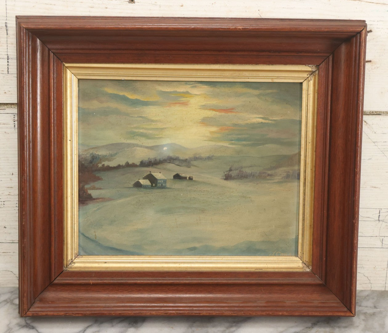 Lot 013 - Vintage Oil On Board Painting Of A Winter Country Scene In The Evening, Titled "December's Twilight," Artist Signed John B. Cabana, Jr., 1962, New Castle, New Hampshire 14-5/8" x 12-3/4"