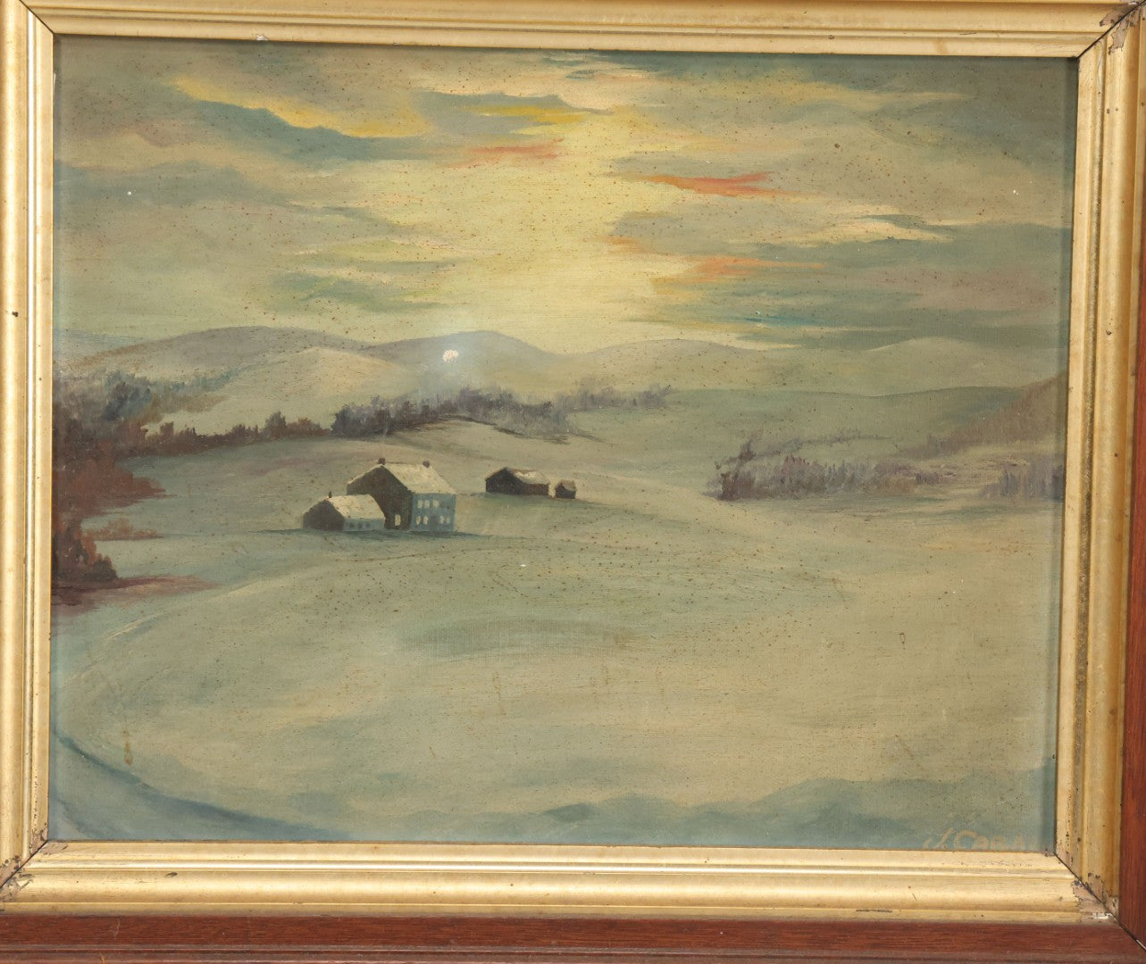 Lot 013 - Vintage Oil On Board Painting Of A Winter Country Scene In The Evening, Titled "December's Twilight," Artist Signed John B. Cabana, Jr., 1962, New Castle, New Hampshire 14-5/8" x 12-3/4"
